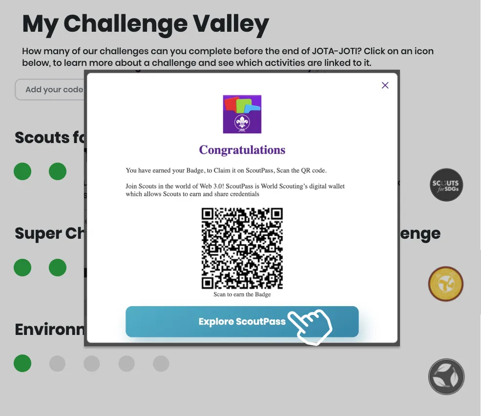 Pop-up with a QR-code and link to claim the challenge on ScoutPass