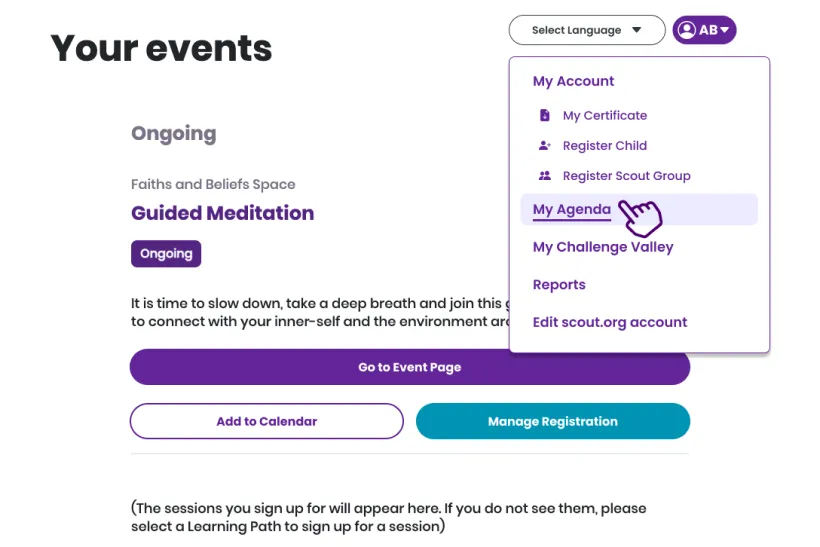 JOTA-JOTI user menu with a hand hovering over My Agenda