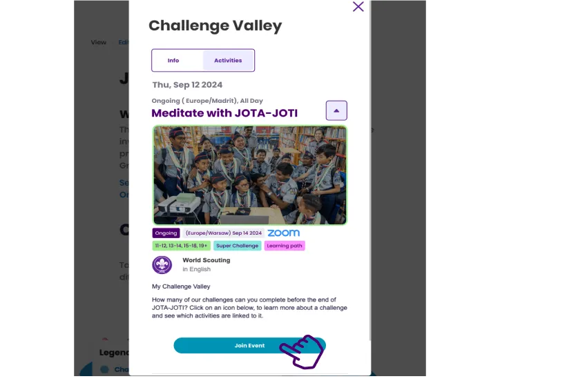 JOTA-JOTI activity card with a hand hovering over the registration button
